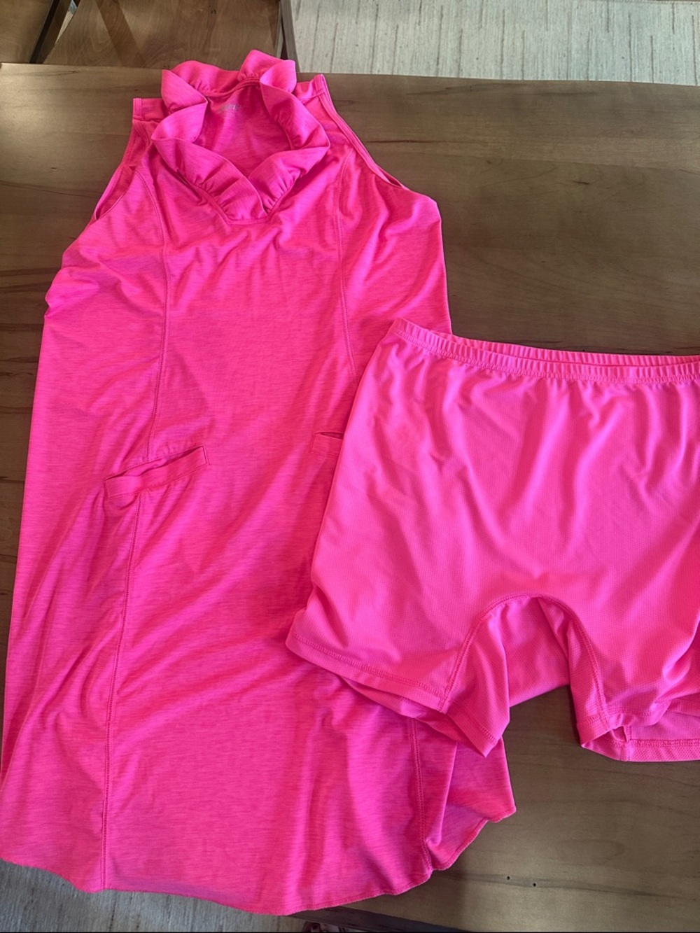 Jofit Bright Pink Ruffled Neck Mini Dress with Matching Shorts
